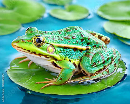 Vibrant green frog perched on a lily pad in calm water