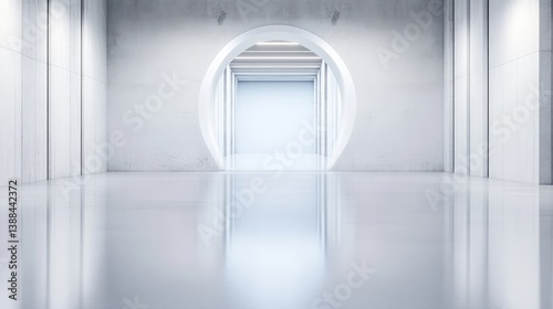 Modern, minimalist interior with a circular archway. A bright, spacious hallway leads to an unseen area beyond