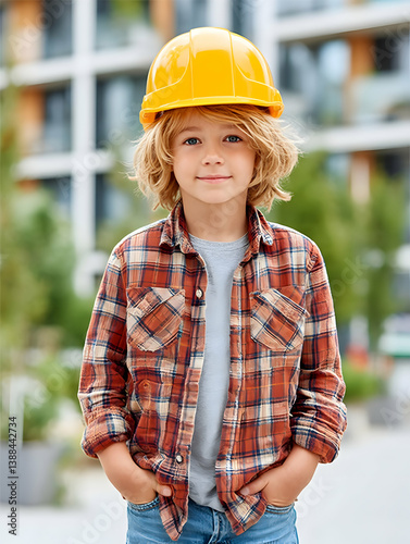 Young boy in hard hat, smiling confidently