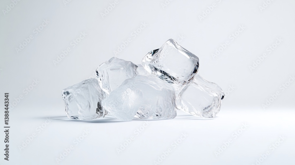 Several clear ice cubes rest on a white surface. They are irregularly shaped and translucent. The image is simple, with a clean background. Its high-quality with even lighting. The style is minimal Several clear ice cubes rest on a white surface. They are irregularly shaped and translucent. The image is simple, with a clean background. Its high-quality with even lighting. The style is minimal