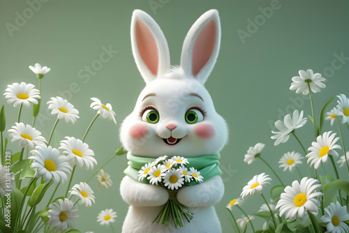 Adorable Easter Bunny Hopping Through a Spring Meadow,Easter bunny holding decorated egg in spring meadow.


