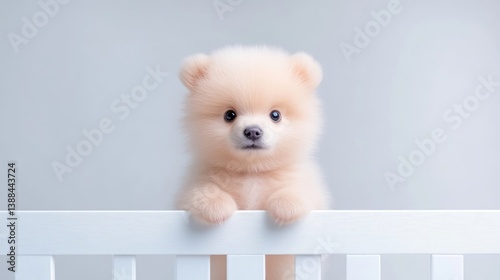 A fluffy Pomeranian puppy, with endearingly large eyes, peeks over a white crib. The image is well-lit, showcasing soft fur. Its a high-quality photo with a simple composition. The style is cute and