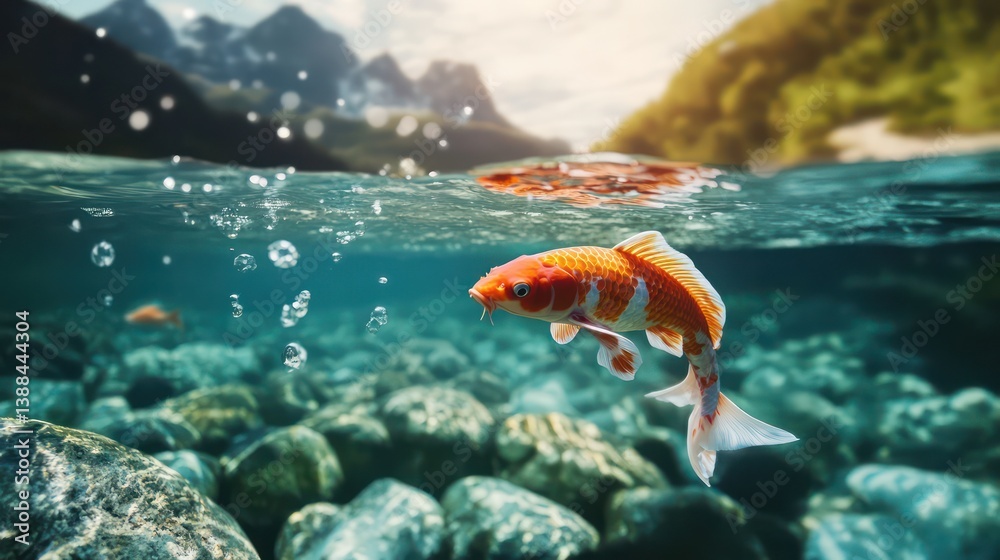 Obraz premium Orange Fish Leaping Underwater