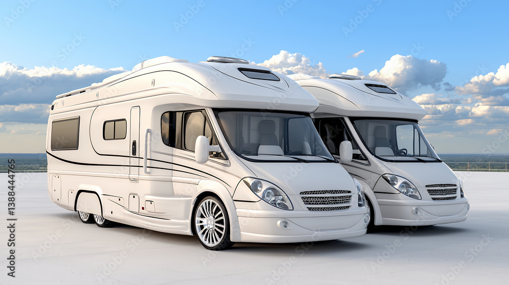Two White Camper Vans Parked on Rooftop Overlooking City Two White Camper Vans Parked on Rooftop Overlooking City