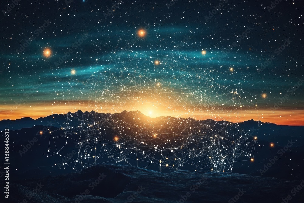 Fototapeta premium Global network connecting data over mountain range at sunrise under starry sky