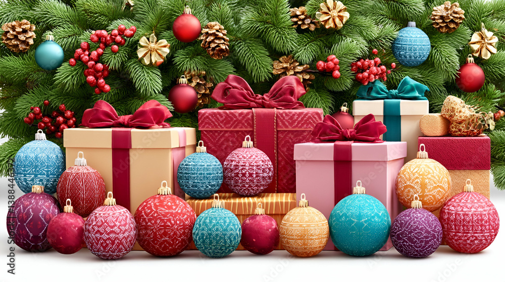 Festive presents and ornaments arranged before a decorated Christmas tree Festive presents and ornaments arranged before a decorated Christmas tree