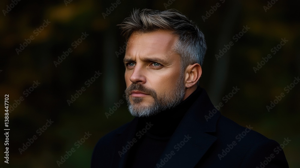 Mature man, thoughtful expression, autumnal setting Mature man, thoughtful expression, autumnal setting