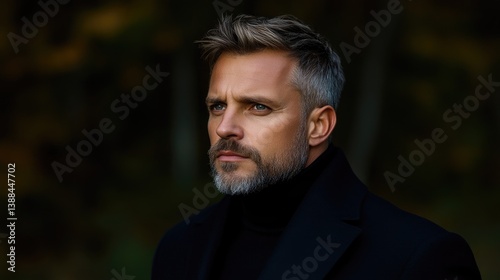 Mature man, thoughtful expression, autumnal setting