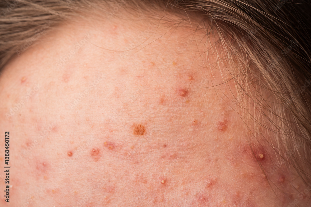 Fototapeta premium Skin acne background. Closeup acne pimple. Treatment for acne skin. Problem skincare. Pimples, acne, pores, scars. Natural skin. Skin care treatment. Pimples on face.
