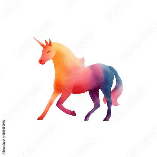 A vibrant unicorn is trotting through a whimsical setting, showcasing a beautiful mix of colors. Isolated on transparent background.