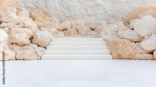 Minimalist steps leading up to a backdrop of beige and cream rocks