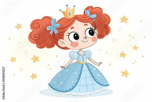 Adorable cartoon princess with big sparkling eyes and rosy cheeks, wearing a light blue gown with puffy sleeves and elegant details. She has curly red hair tied into pigtails with blue ribbons.