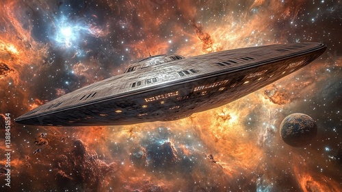 Encounter in the Deep Space: A Majestic Spaceship Drifting Near Distant Planets