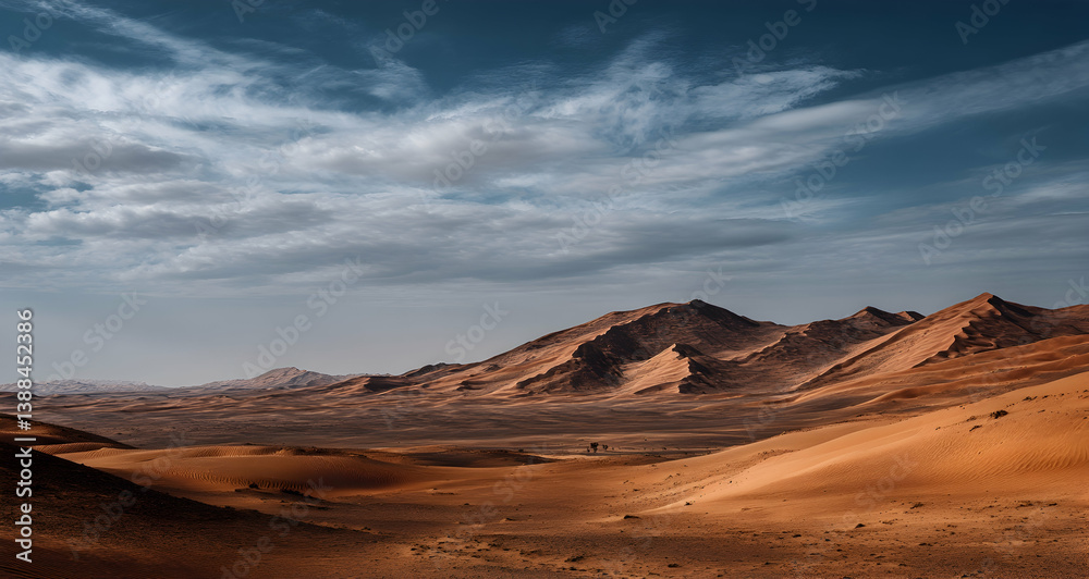 Naklejka premium Desert dunes with wind-sculpted patterns and shifting hues under a vast sky