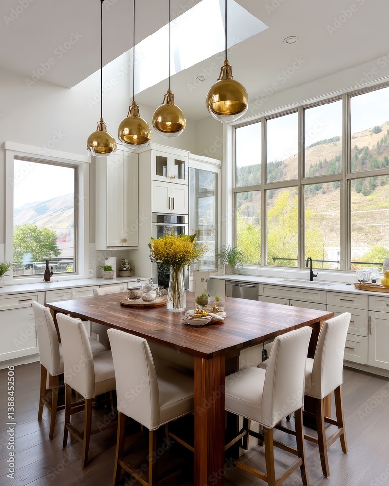 Obraz premium A bright, airy modern farmhouse kitchen with a large island featuring a rich walnut wood top