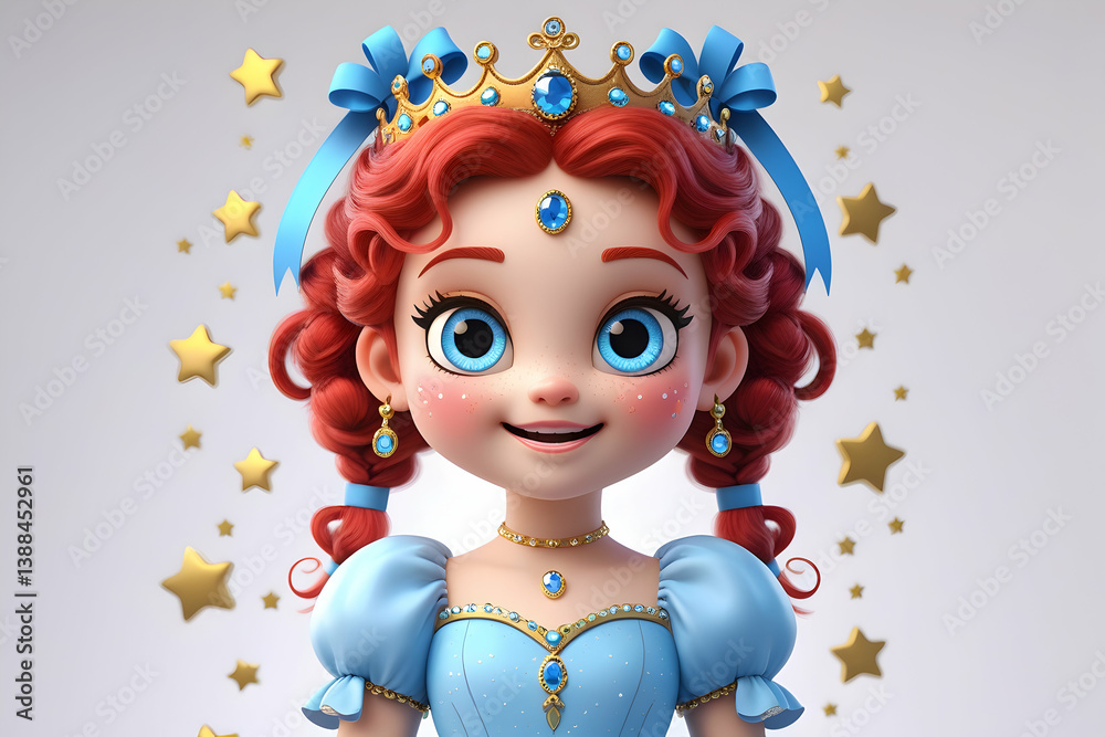 Fototapeta premium Adorable cartoon princess with big sparkling eyes and rosy cheeks, wearing a light blue gown with puffy sleeves and elegant details. She has curly red hair tied into pigtails with blue ribbons.