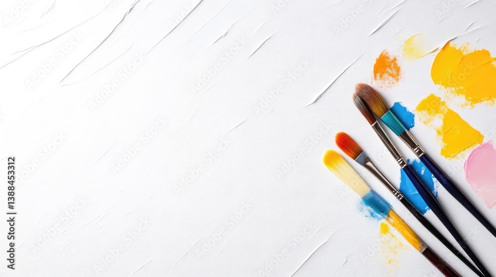 Four paintbrushes rest on a white textured surface, with flecks of paint nearby. The brushes are arranged casually, exhibiting varying colors. The image features bright lighting and a clean aesthetic Four paintbrushes rest on a white textured surface, with flecks of paint nearby. The brushes are arranged casually, exhibiting varying colors. The image features bright lighting and a clean aesthetic