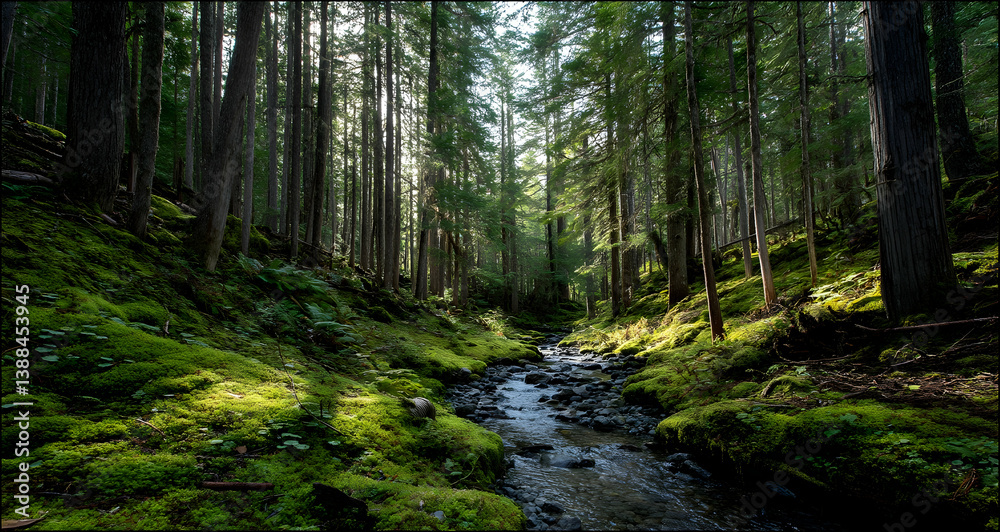 Obraz premium Gentle creek winding through a moss-covered forest with dappled sunlight filtering through trees