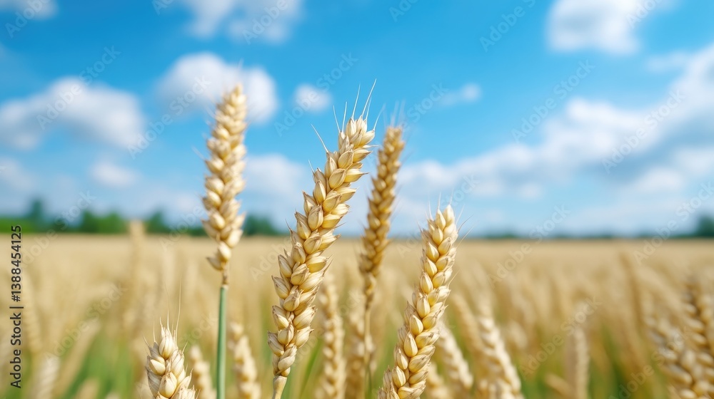 Fototapeta premium Golden wheat field under a vibrant blue sky. Close-up of wheat heads against a backdrop of a vast field