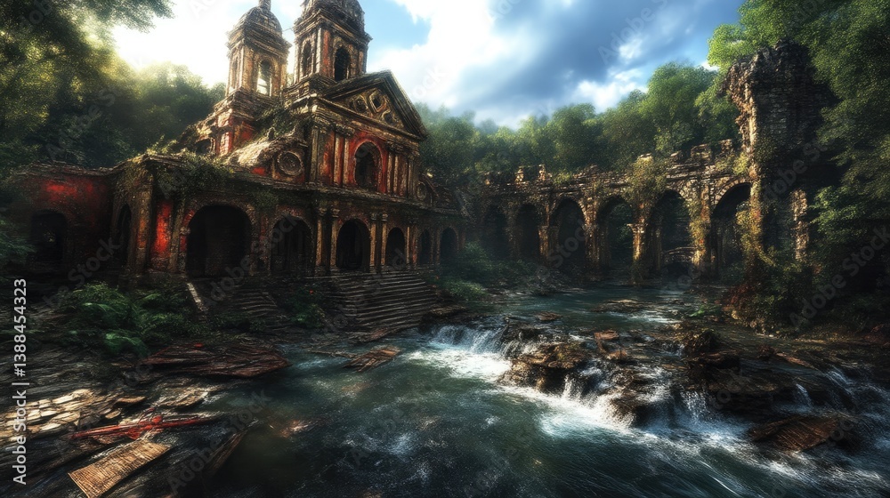 Fototapeta premium Ruined church, overgrown with nature, by a flowing stream. Ancient, lost, abandoned