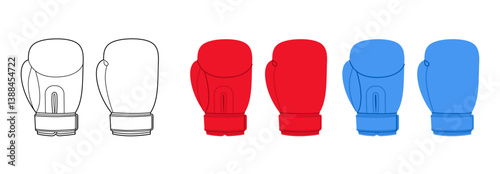 Set of Boxing Gloves red blue cartoon and flat sketch outline Fashion hand Sport accessory clothing technical illustration garment. Vector for Men, women, unisex style template CAD on white background
