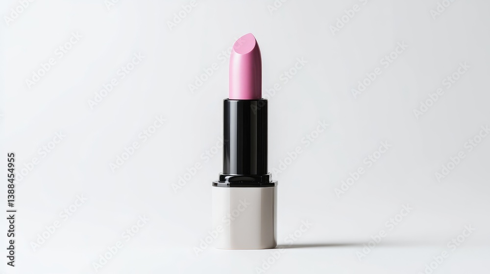 A pink lipstick stands upright in a white and black case. The image is clean and simple, with a bright white background. The lighting is even, enhancing the products features. Its a minimalist styl A pink lipstick stands upright in a white and black case. The image is clean and simple, with a bright white background. The lighting is even, enhancing the products features. Its a minimalist styl