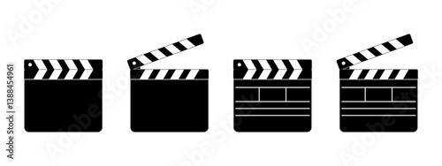 Set of clapper board icons isolated on white background. Closed and open movie clapboard silhouettes. Camera and action concept. Cinema production objects. Vector graphic illustration.