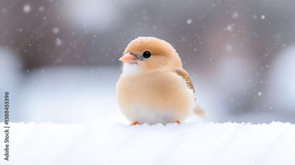 A small, pale orange bird sits in the snow. The background is softly blurred, showing falling snow. The image is high-quality, with natural lighting. The style is peaceful and charming. Soft, warm A small, pale orange bird sits in the snow. The background is softly blurred, showing falling snow. The image is high-quality, with natural lighting. The style is peaceful and charming. Soft, warm