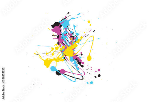 Cmyk color splashes exploding on white background