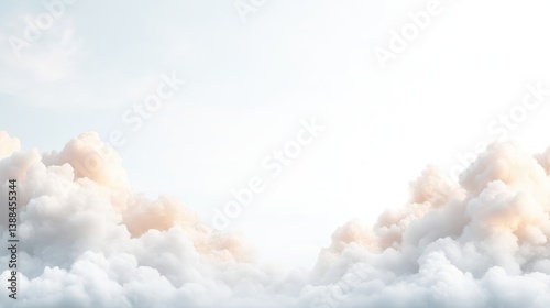 The image shows fluffy white clouds dominating the frame, creating a peaceful, serene atmosphere. Soft, warm light illuminates parts of the clouds against a bright, clear sky. The style is minimalist