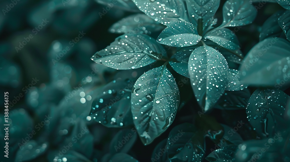 Obraz premium Close-up of water droplets on a green leaf with soft-focus background