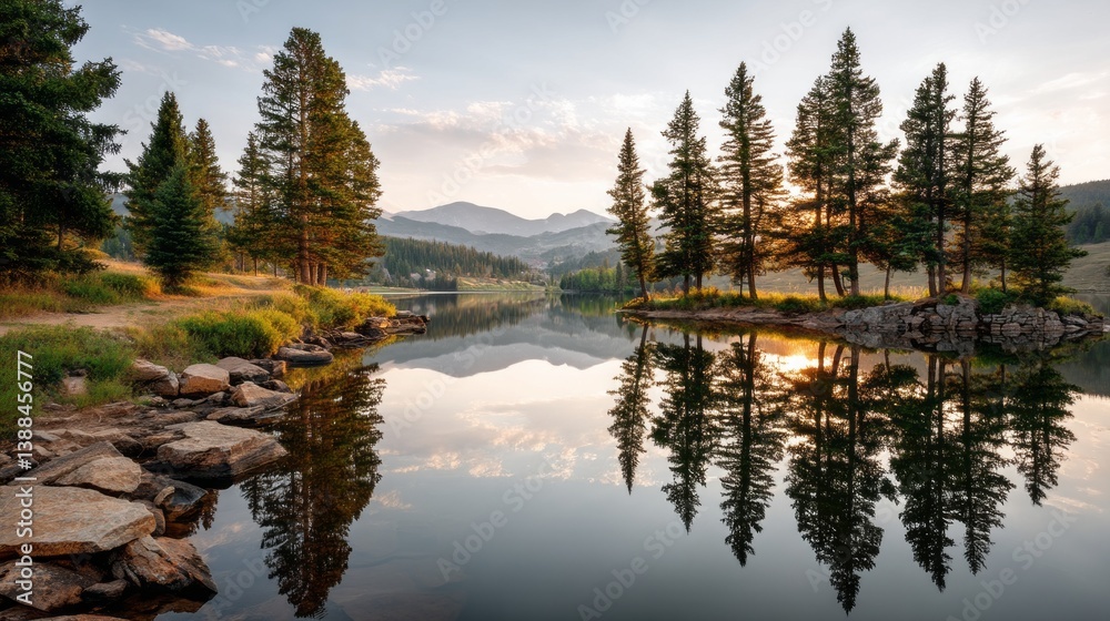Naklejka premium Nature Lake Scene Reflecting Colorado Dusk Pine Pastel