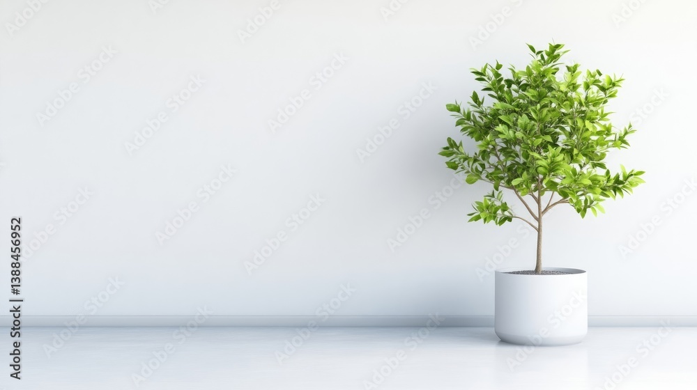 Obraz premium Minimalist interior design with a potted plant. A small, lush green plant in a simple white pot sits against a clean, white wall and floor, creating a tranquil and contemporary aesthetic