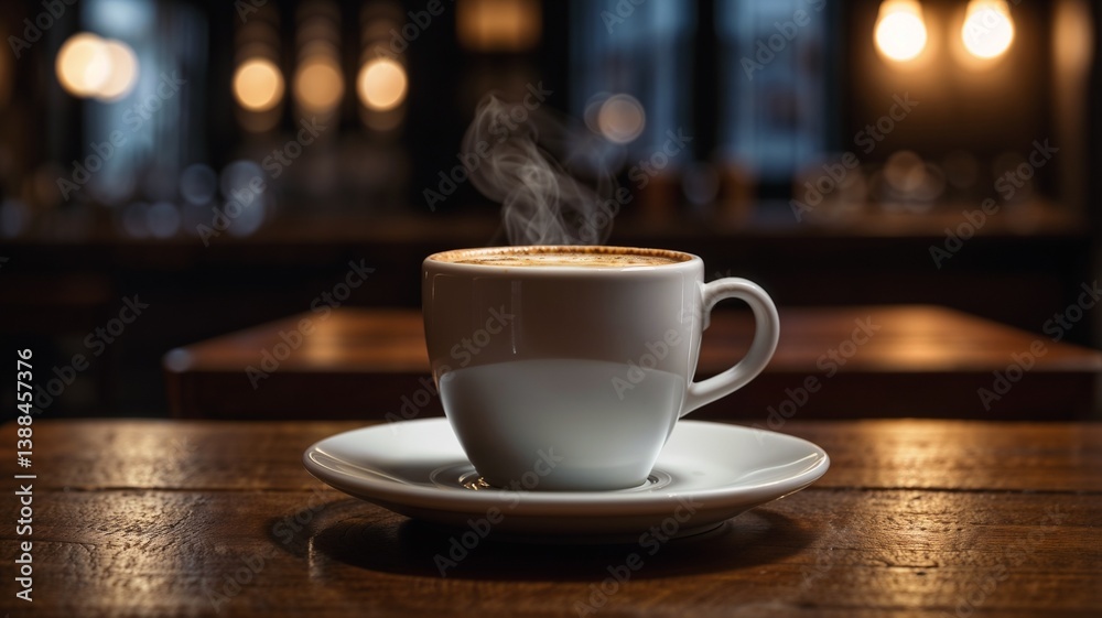 Artistic Espresso Shot with Steam and Bokeh in Cozy Café Ambience Artistic Espresso Shot with Steam and Bokeh in Cozy Café Ambience