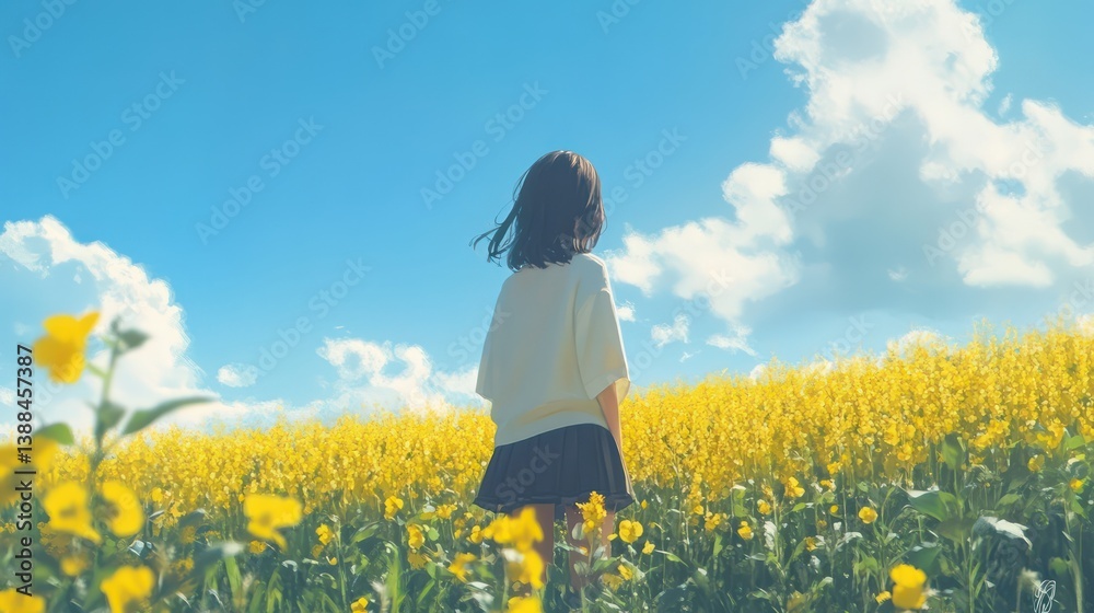Fototapeta premium Girl in Yellow Flower Field