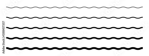 Horizontal wavy lines with different thicknesses. Undulated borders. Water, fluid, air or wind symbols. River, sea, lake or ocean signs isolated on white background. Vector graphic illustration.