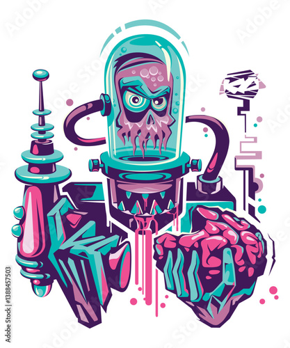 Cyborg Alien Creature with Device: A bizarre cyborg alien creature stares menacingly from within a transparent containment cell.