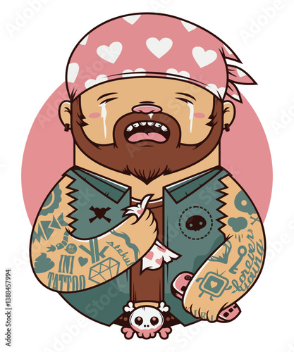 Heartbreak in Ink: A cartoon illustration capturing a heartbroken figure, adorned with tattoos and wearing a bandanna, expresses profound sadness and vulnerability.