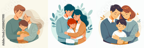Warm family hug vector collection of mother father and child