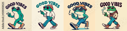 Cool frog vector collection wearing casual face shoes walking while holding a cigarette butt