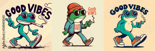 Cool frog vector collection wearing casual face shoes walking while holding a cigarette butt
