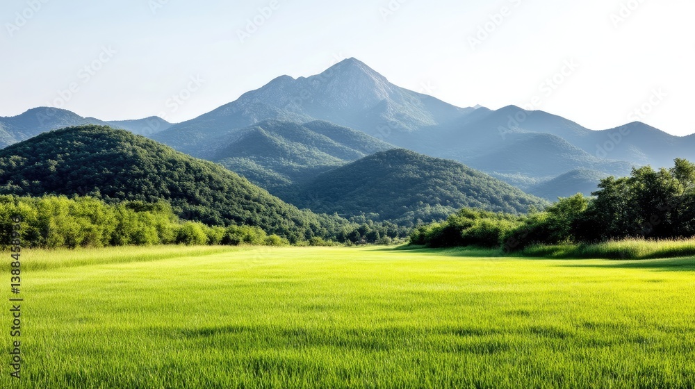 Lush green field stretches towards a mountain range. Sunlight bathes the landscape Lush green field stretches towards a mountain range. Sunlight bathes the landscape
