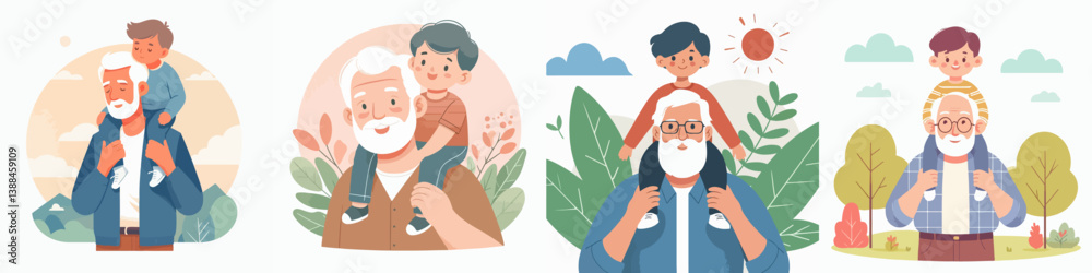 vector set of grandfather carrying his grandson on his shoulder vector set of grandfather carrying his grandson on his shoulder