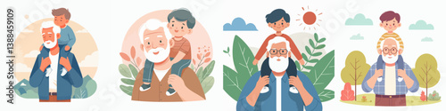 vector set of grandfather carrying his grandson on his shoulder
