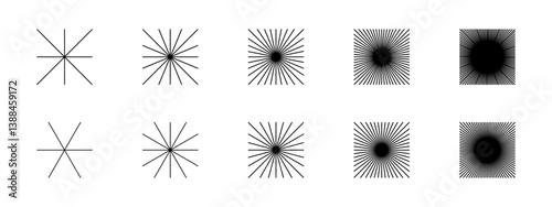 Set of straight radial lines in square frames. Sun rays or snowflakes symbols isolated on white background. Radiance, explosion or firework patterns. Vector graphic illustration.