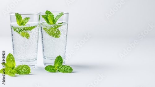 Wallpaper Mural Two glasses of sparkling water with fresh mint leaves are displayed. They sit on a white surface. The image is high-quality, well-lit, and features a minimalist style. Cool, refreshing colors create Torontodigital.ca