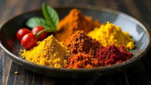 Vibrant spices arranged on a rustic plate with cherry tomatoes and fresh herb garnish in a warm kitchen setting