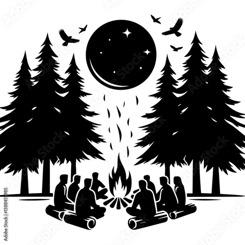 vector set of silhouettes of a group of people around a campfire