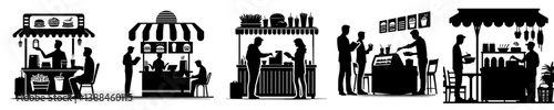 vector set of silhouettes of people ordering at food court