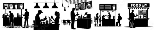 vector set of silhouettes of people ordering at food court